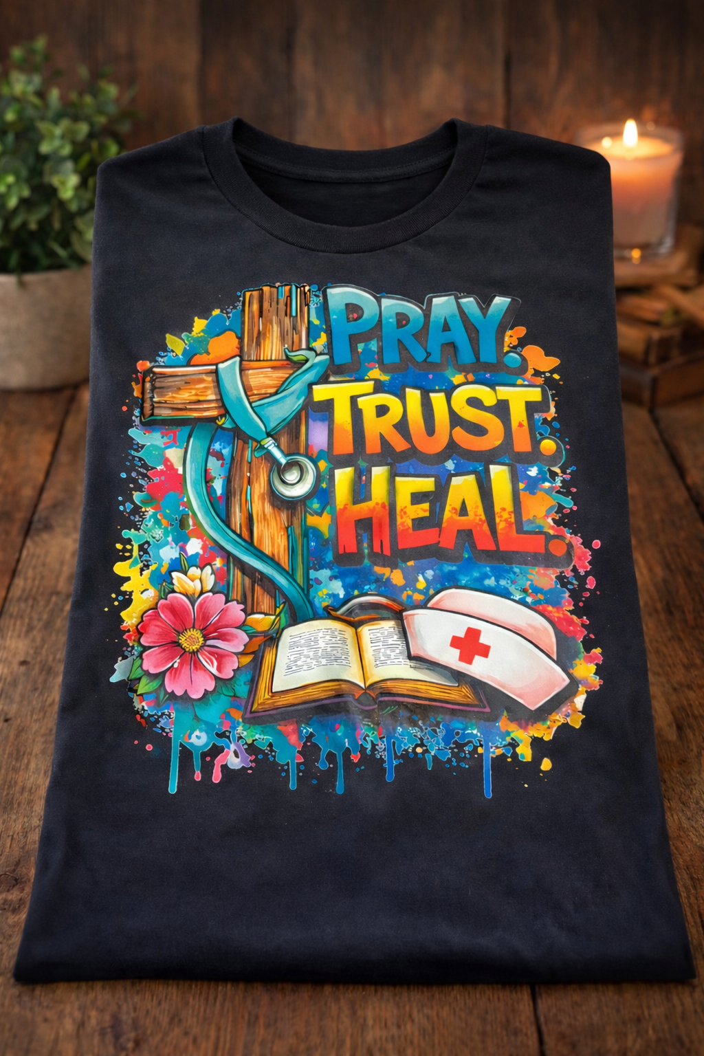 Pray. Trust. Heal. – Faith-Based Nurse Graphic Tee