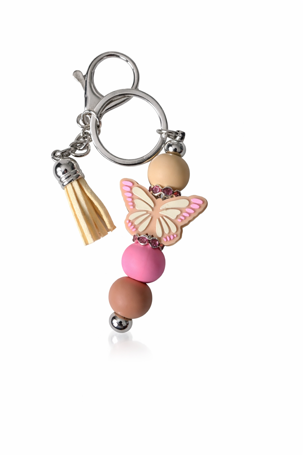 Butterfly Beaded Keychain | Pink & Neutral Silicone Bead Keyring | Purse Charm
