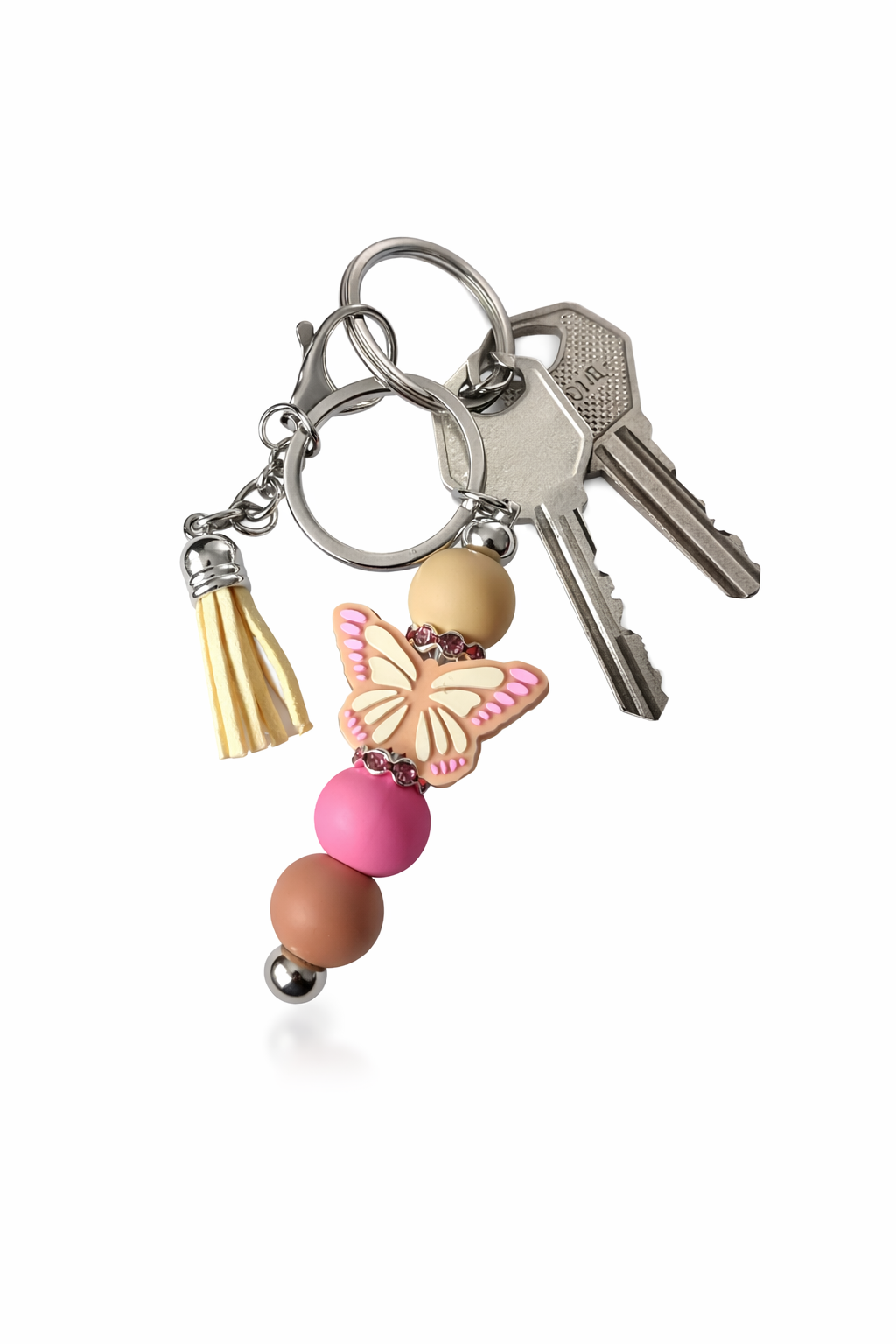 Butterfly Beaded Keychain | Pink & Neutral Silicone Bead Keyring | Purse Charm
