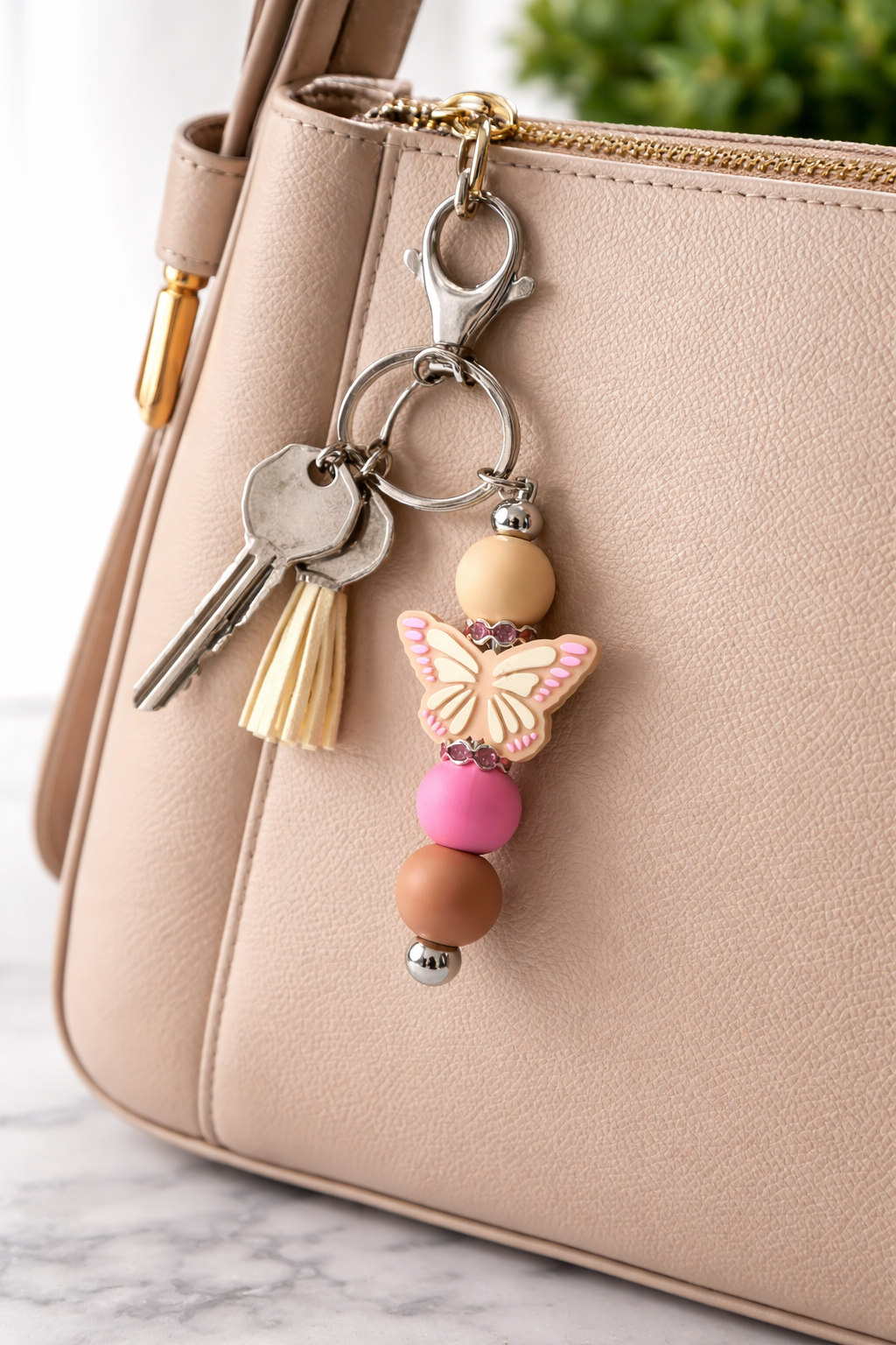 Butterfly Beaded Keychain | Pink & Neutral Silicone Bead Keyring | Purse Charm